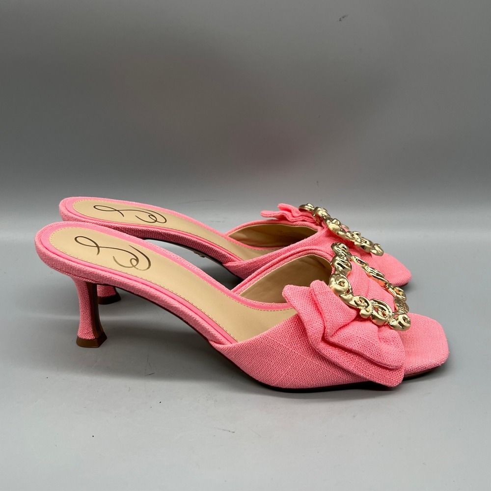 Sam Edelman Mules Womens 9 Pink Fabric Bow Gold Buckle Pietra Kitten Heels